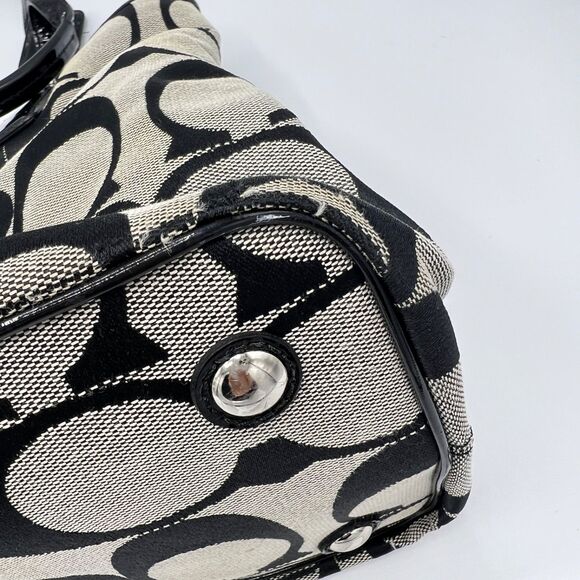 Coach Signature Stripe Framed Carryall Satchel Tote No F13533 Silver Black White - Picture 11 of 16